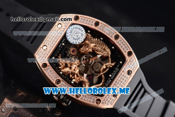 Richard Mille RM 51-01 Tourbillon Tiger and Dragon Asia Manual Winding Rose Gold Case with Seleton Dial and Black Rubber Strap Diamonds Bezel - Click Image to Close